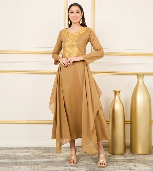 Embroidered Neck Side Overlay A-Line Maxi Dress