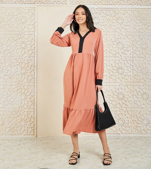 Contrast Cuffs Collared Neck Shift Midi Dress
