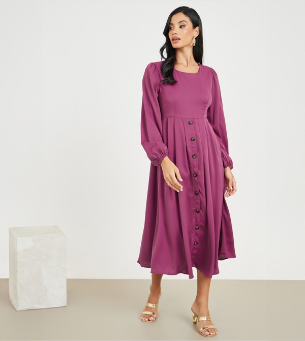Button Detail A-Line Midi Dress