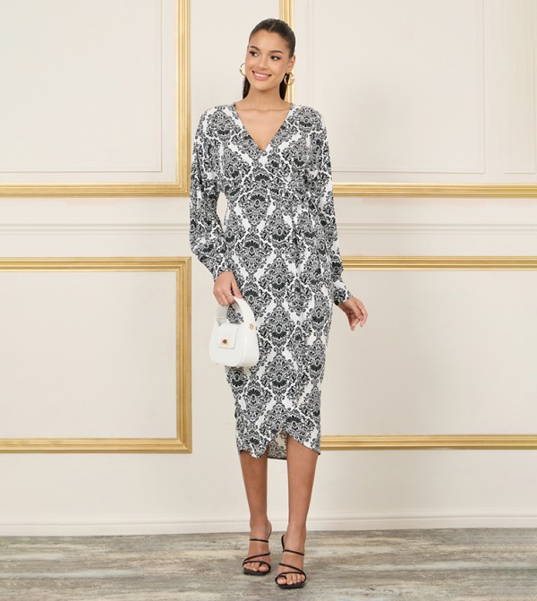 Damask Print A-Line Wrap Midi Dress