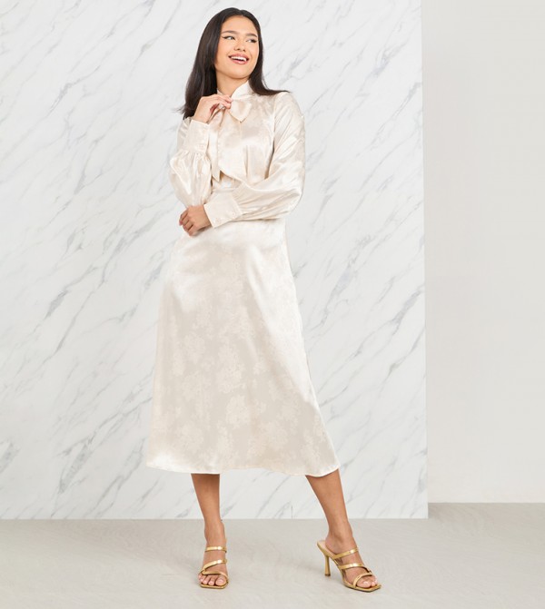Satin Jacquard Print Tie Up Neck A-Line Midi Dress