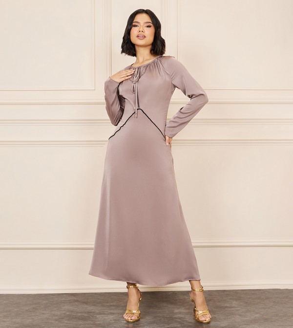Satin Shiny Lace Trim A-Line Maxi Dress