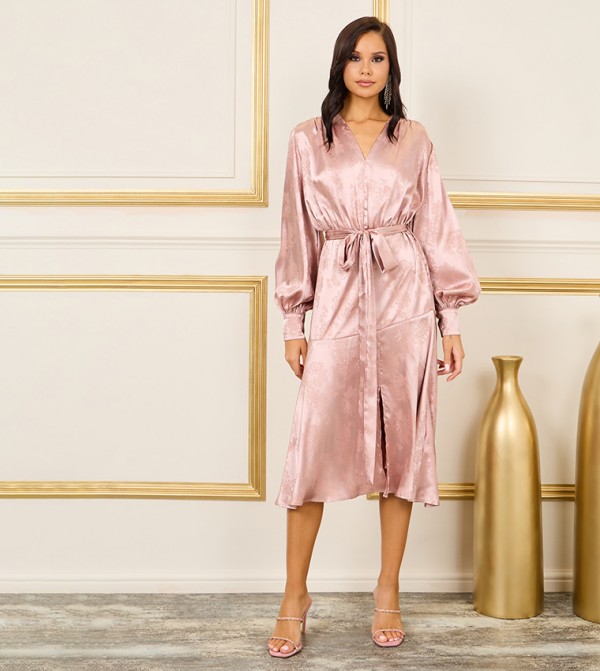 Satin Jacquard Print Self Tie Up A-Line Midi Dress