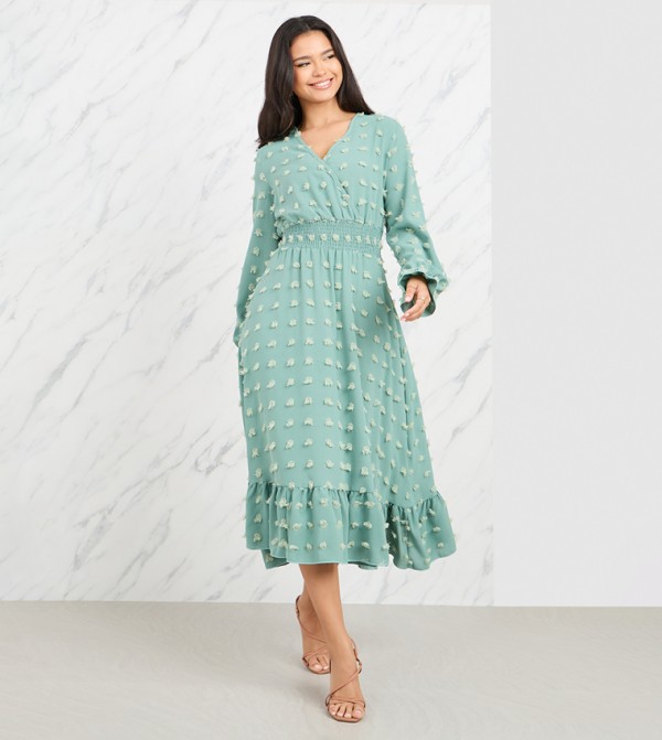Textured Cuff Sleeves A-Line Midi Dress