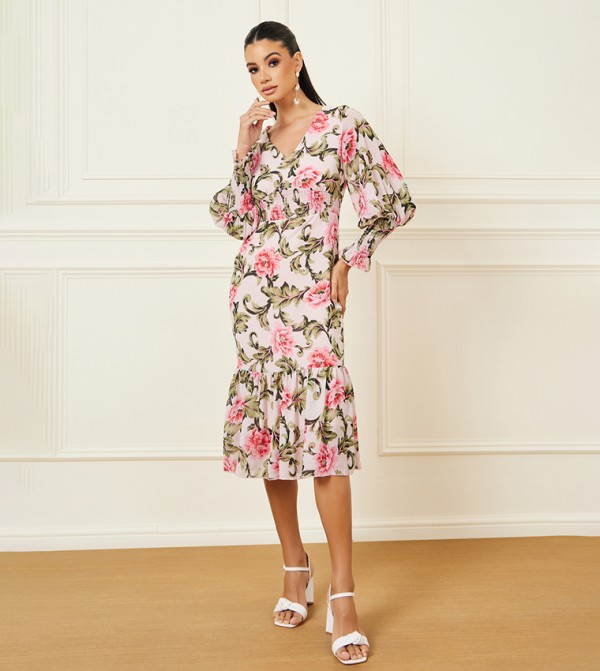 Floral Print Smocked Detail Bodycon Midi Dress