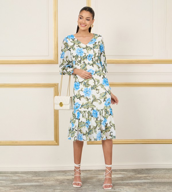 Floral Print Smocked Detail Bodycon Midi Dress