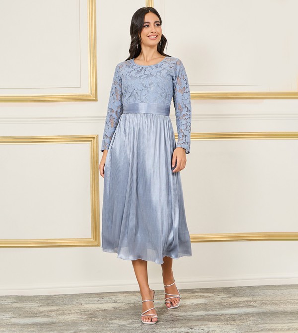 Lace Detail Satin Plisse A-Line Midi Dress