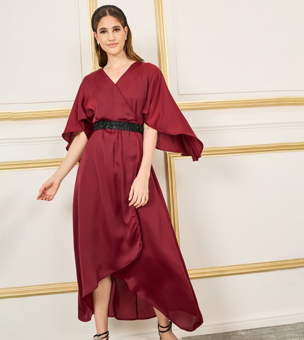 Satin Asymmetric Hem Midi Dress with Beaded Belt