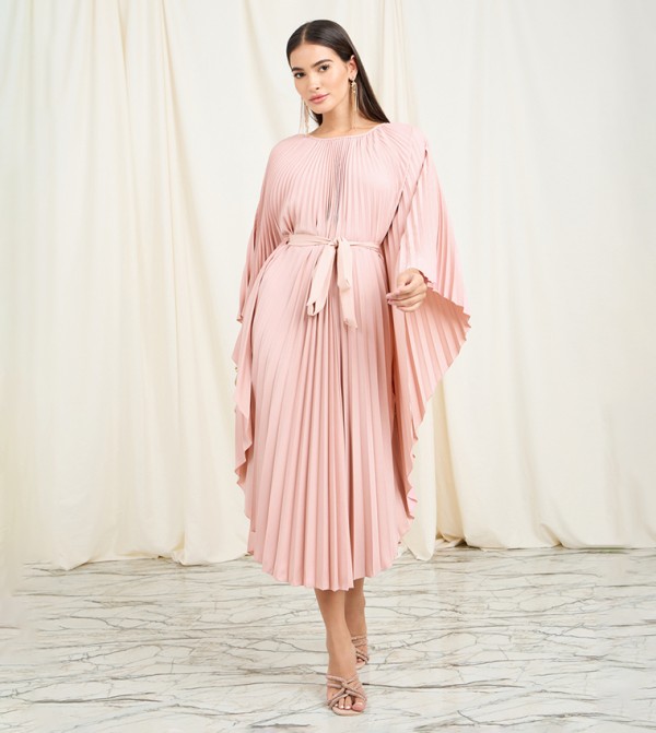 Accordion Pleats Handkerchief Hem Midi Dress with Self Tie-Up