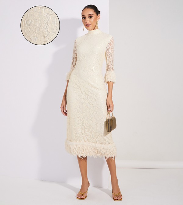 Lace Faux Fur Detail Sheath Midi Dress 