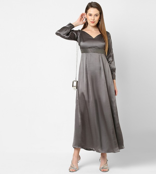 Solid Satin Maxi Dress with Slit Sleeve