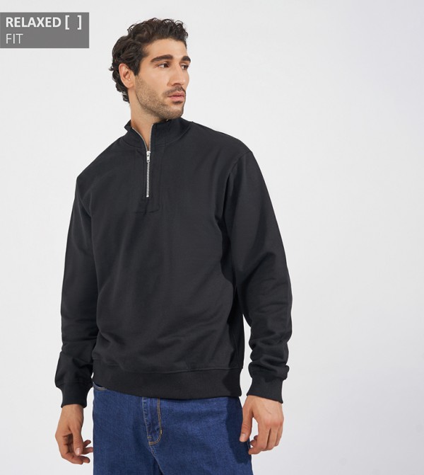 Half-Zip Relaxed Fit Fleece Sweatshirt with Front Seam Detail