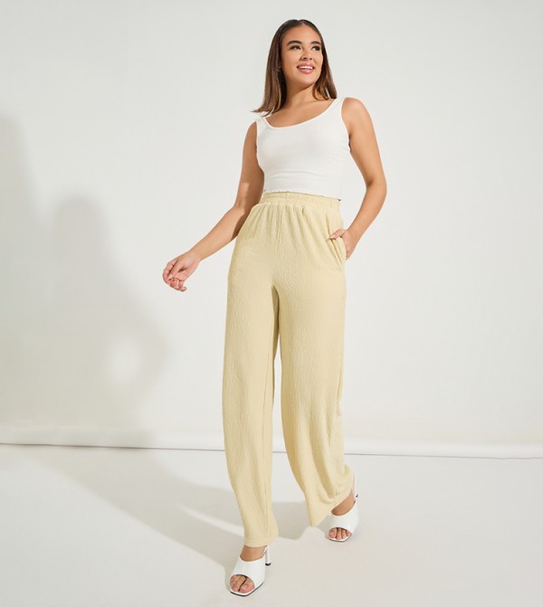 Textured Elastic Waist Straight Fit Pants
