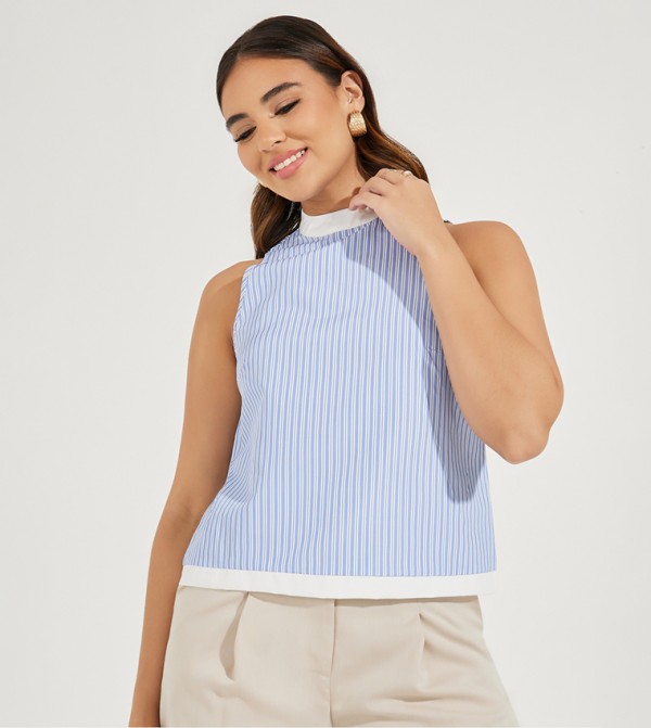 Striped Halter Neck Top with Tie-Back