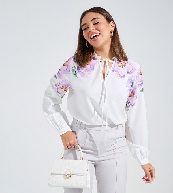Floral Placement Print Tie-Up Neck Top