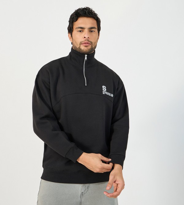 Zipper Neck Printed High Neck Sweatshirt