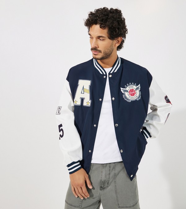 Buy Styli Badge Detail Varsity Bomber Jacket In Blue