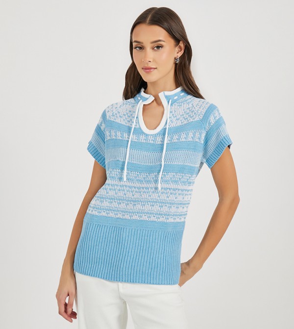 Tie-Up Neck Patterned Knit Top