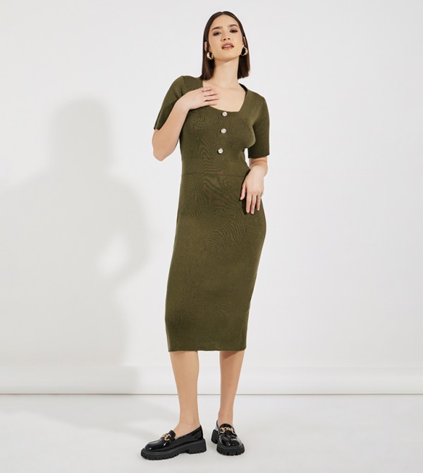 Rib Knit Square Neck Sweater Midi Dress