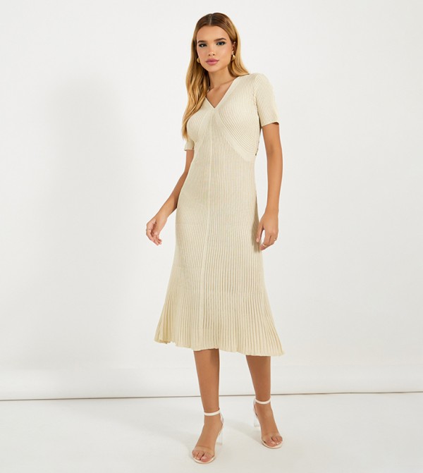 Solid V-Neck Knitted Midi Dress