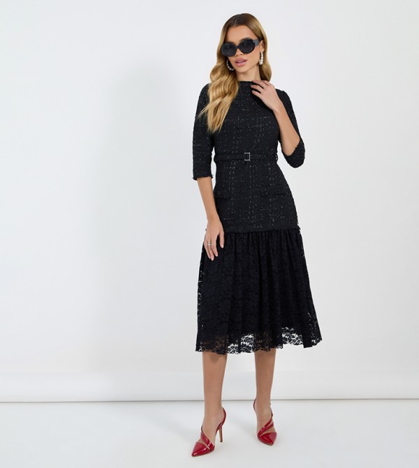 Lace Insert 3/4Th Sleeves A-Line Midi Dress