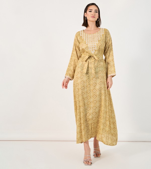 All-Over Printed Embroidered Jalabiya with Waist Tie Detail