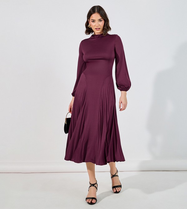 Funnel Neck Long Sleeves Midi Dress