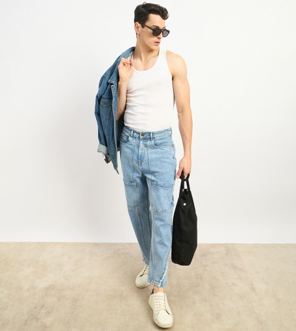 Acid Washed Frayed Detail Loose Fit Jeans