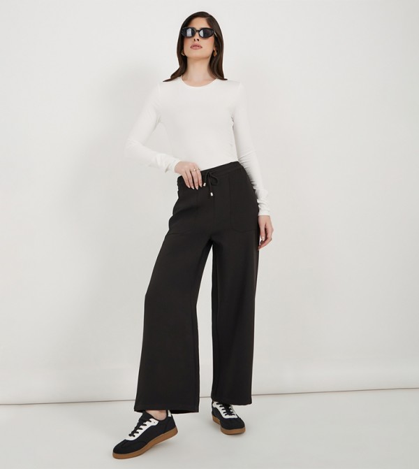 High Rise Wide Leg Pants with Drawstring Waistband Detail