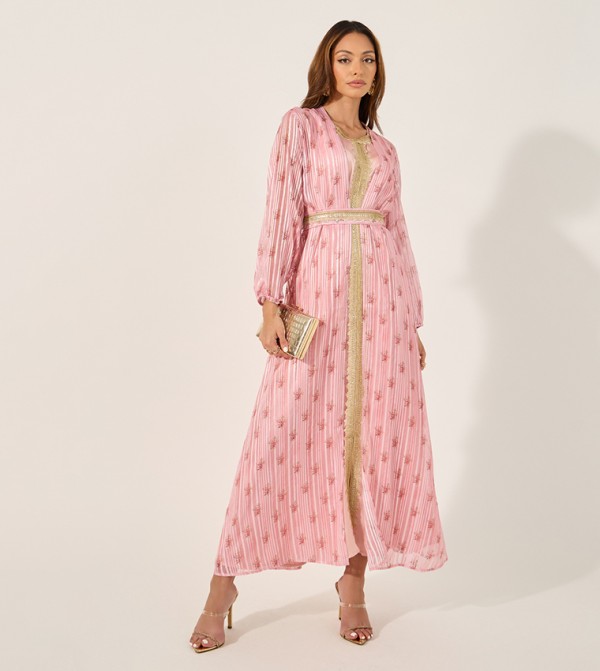 Floral Printed Lace Trim Belted Kimono with Inner Satin Dress