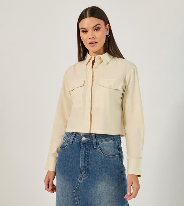 Solid Long Sleeves Cropped Boxy Fit Shirt