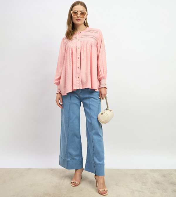 Embroidered Balloon Sleeves Smocked Detail Top