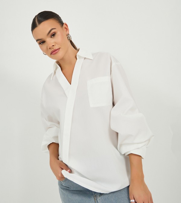 Oversized Collared Wrap Top with Pocket Detail