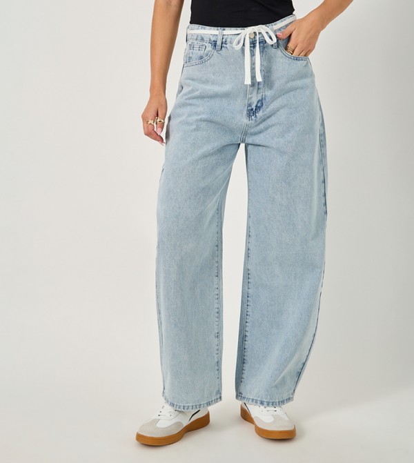 Relaxed Fit Mid Rise Jeans with Drawstring Detail