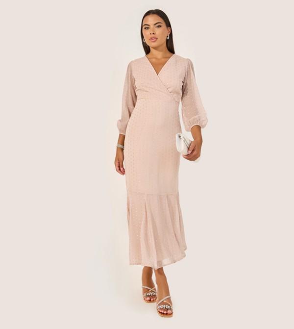 Dobby Design Balloon Sleeves Mermaid Maxi Dress