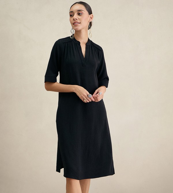 Solid Short Sleeves Midi Dress with Side Slit