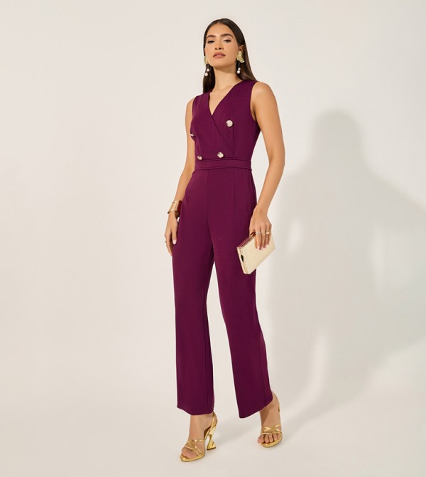 Double Breasted Sleeveless Wide Leg Jumpsuit