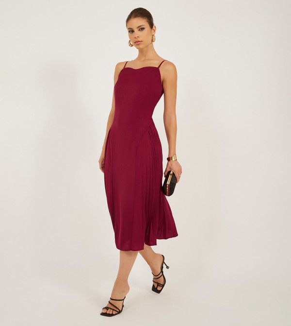 Plain Pleated Strappy A-Line Midi Dress