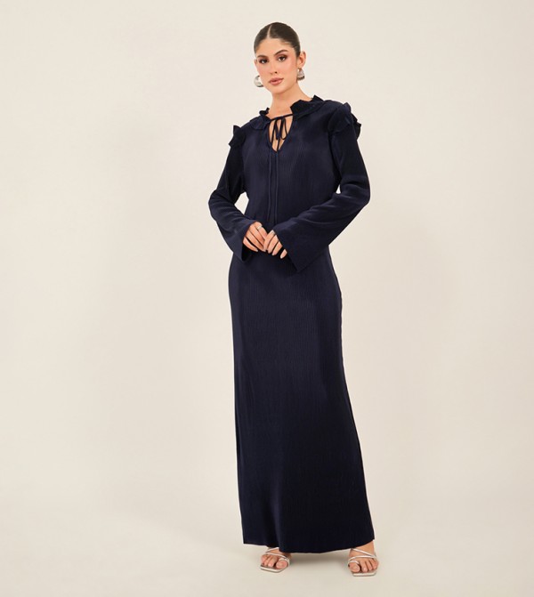 Textured Tie Up Neck Shift Maxi Dress