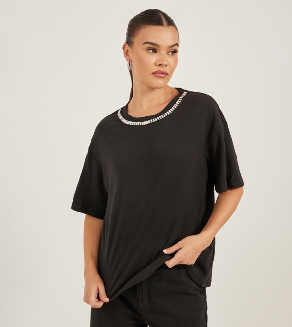 Rhinestone Embellished Crew Neck T-Shirt