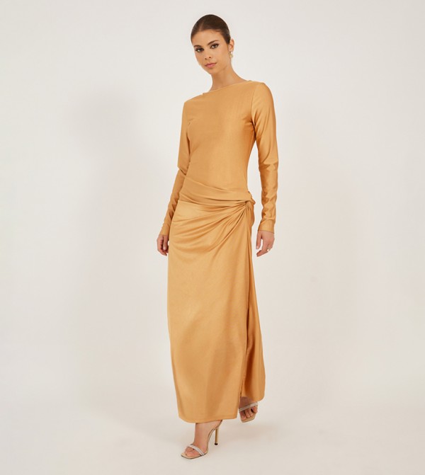 Boat Neck A-Line Maxi Dress with Gathered Detail