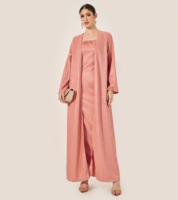 Textured Abaya and Inner Dress with Feather Trim