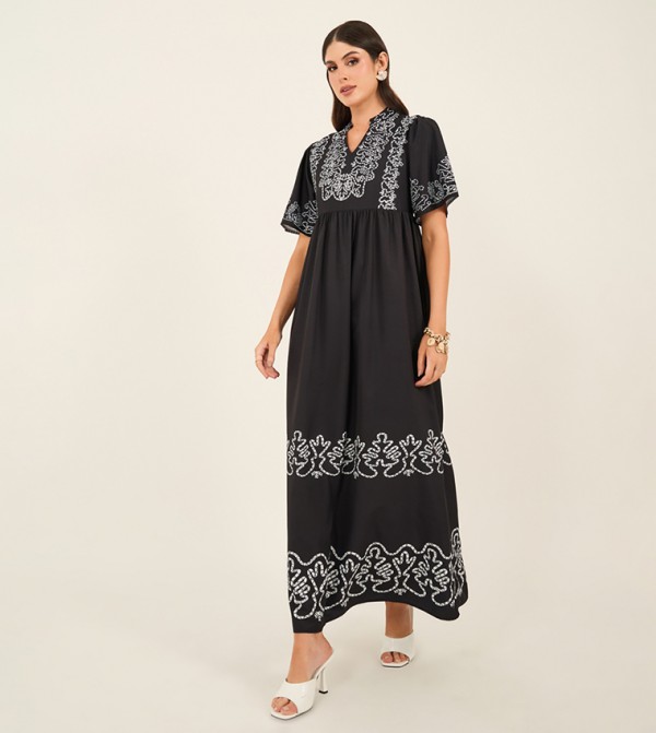 Printed Puff Sleeves A-Line Maxi Dress