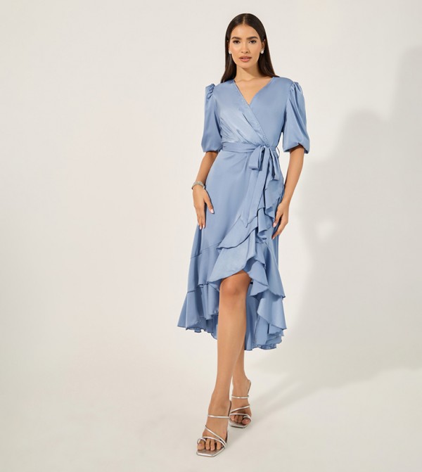 Satin Ruffled Detail Puff Sleeves Wrap Midi Dress