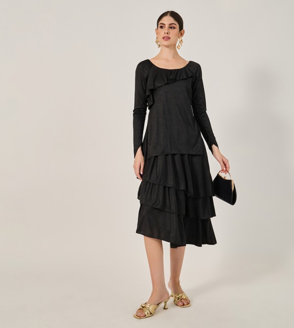 Plain Ruffle Trim Layered A-Line Midi Dress