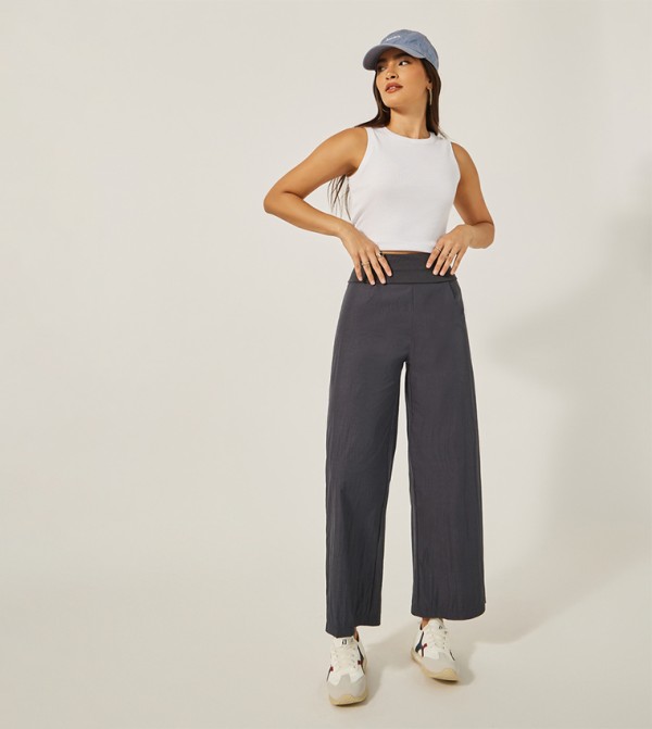 Mid Rise Wide Leg Broad Waistband Pants