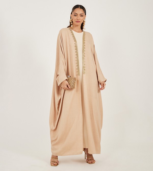 Textured Batwing Sleeves Abaya with Lace Detail