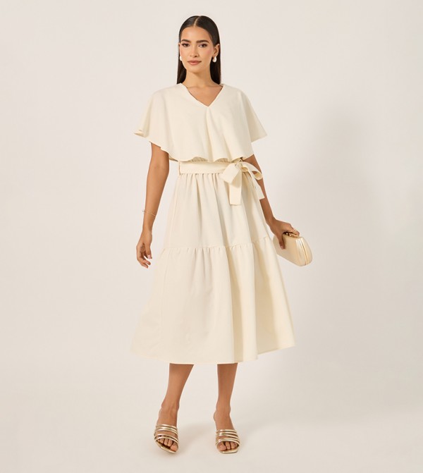 Plain Cape Sleeves A-Line Midi Dress