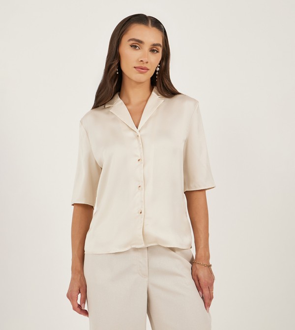 Solid Notch Lapel Boxy Shirt