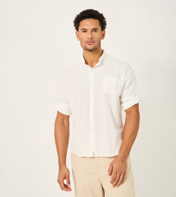 Solid Mandarin Collar Short Sleeves Regular Fit Shirt